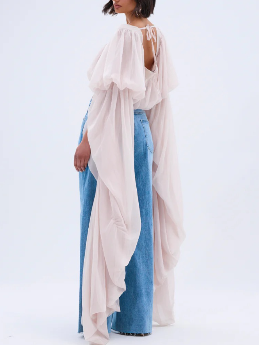 Organza Cape-Sleeve Square Neck Crop Top