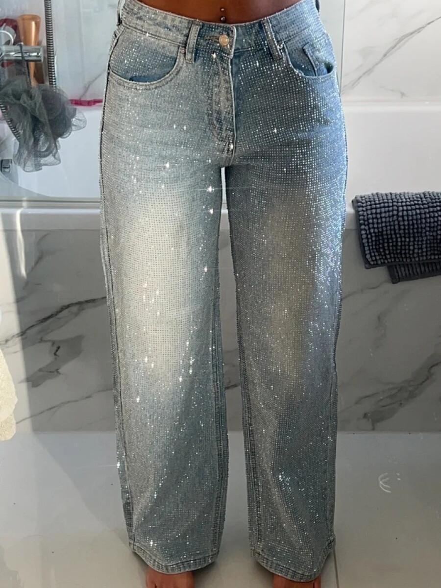Silver Diamanté-Embellished Light Blue Wide-Leg Sparkle Jeans
