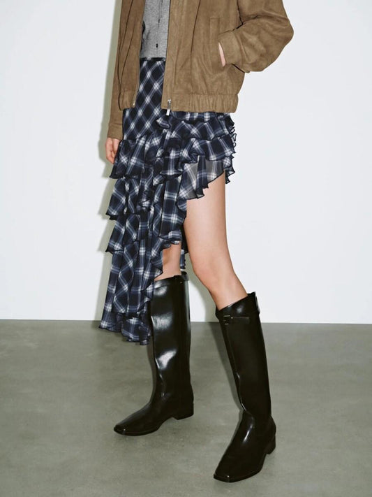 Irregular Hem Layered Plaid Skirt