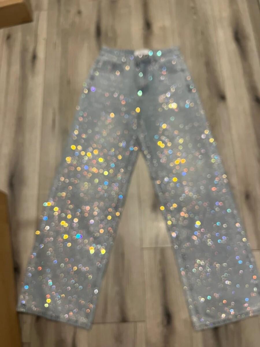 Silver Diamanté-Embellished Light Blue Wide-Leg Sparkle Jeans