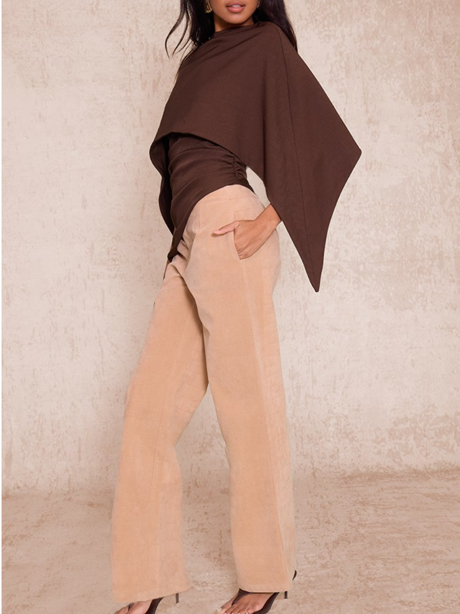 Dark Chocolate Woven Cape Detail Ruched Long Top