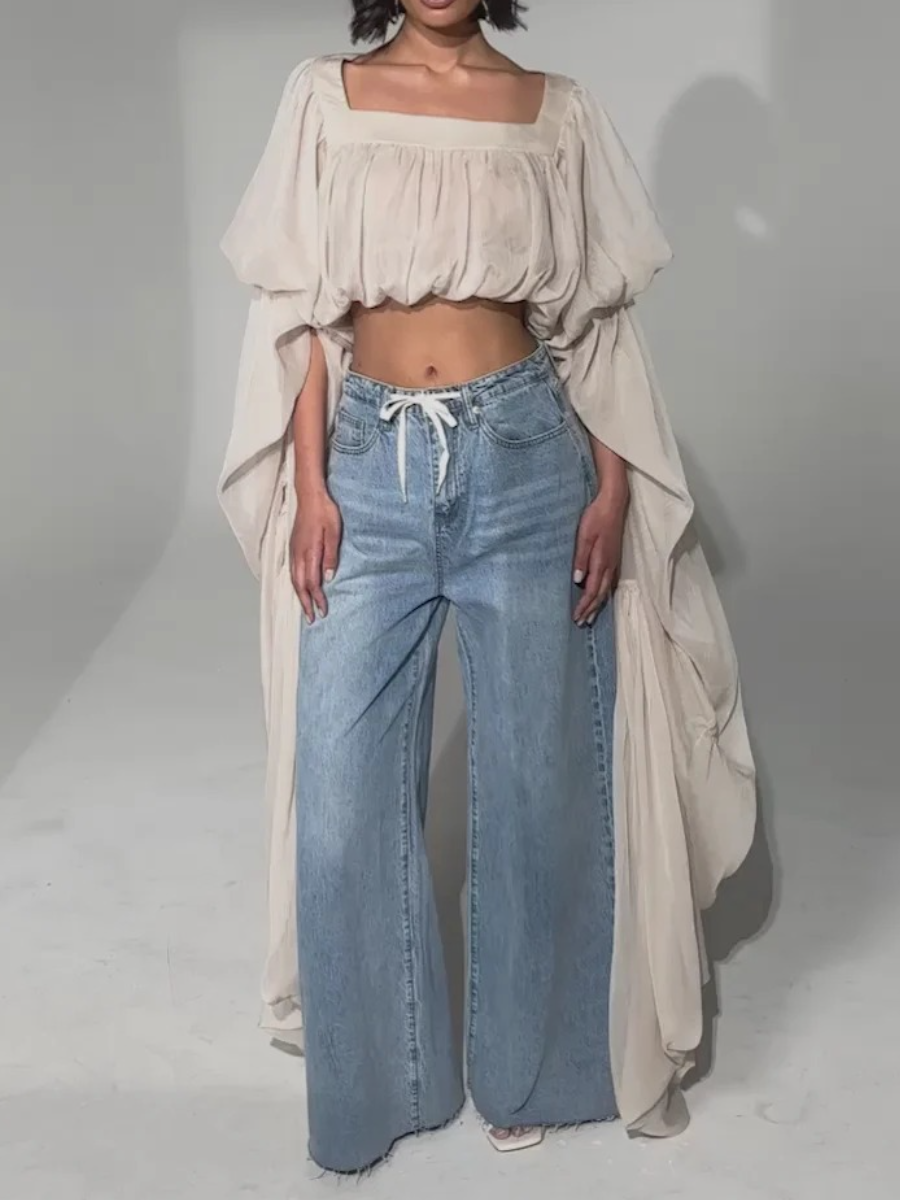 Organza Cape-Sleeve Square Neck Crop Top