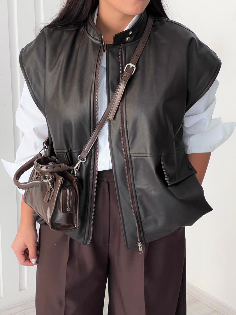 Sleek Faux Leather Sleeveless Jacket