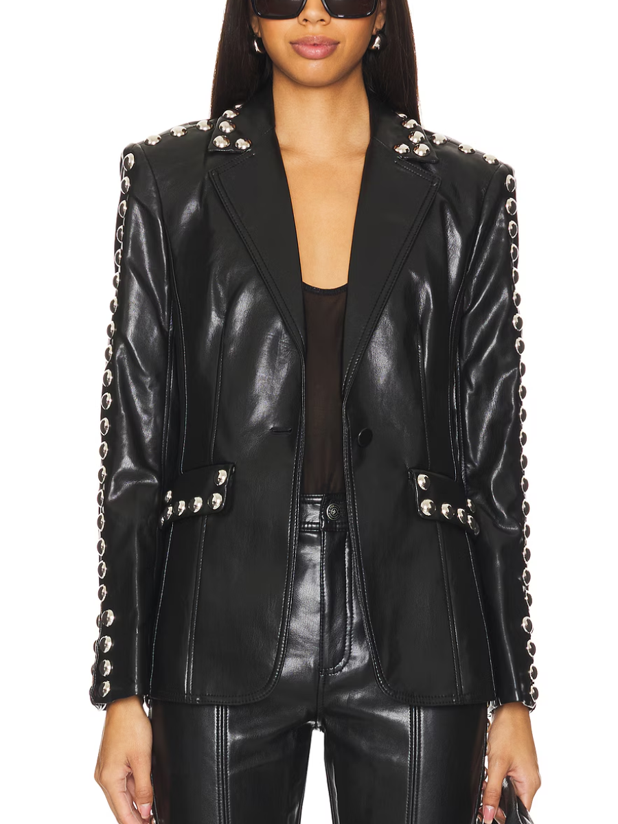 Black Patent Leather Stud-Embellished Blazer laseze