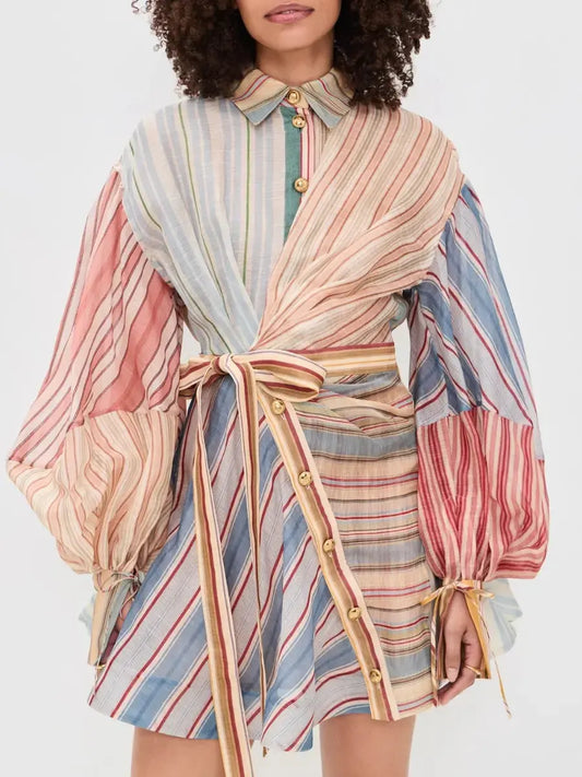 Asymmetric Mixed Stripe Linen Mini Dress - Statement Balloon Sleeve - laseze