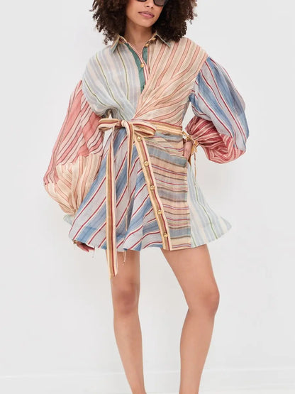 Asymmetric Mixed Stripe Linen Mini Dress - Statement Balloon Sleeve - laseze