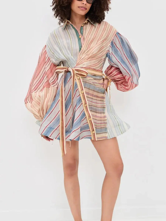 Asymmetric Mixed Stripe Linen Mini Dress - Statement Balloon Sleeve - laseze