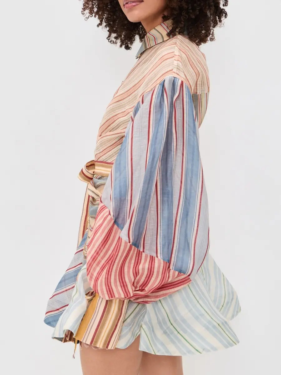 Asymmetric Mixed Stripe Linen Mini Dress - Statement Balloon Sleeve - laseze