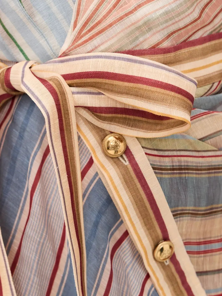 Asymmetric Mixed Stripe Linen Mini Dress - Statement Balloon Sleeve - laseze