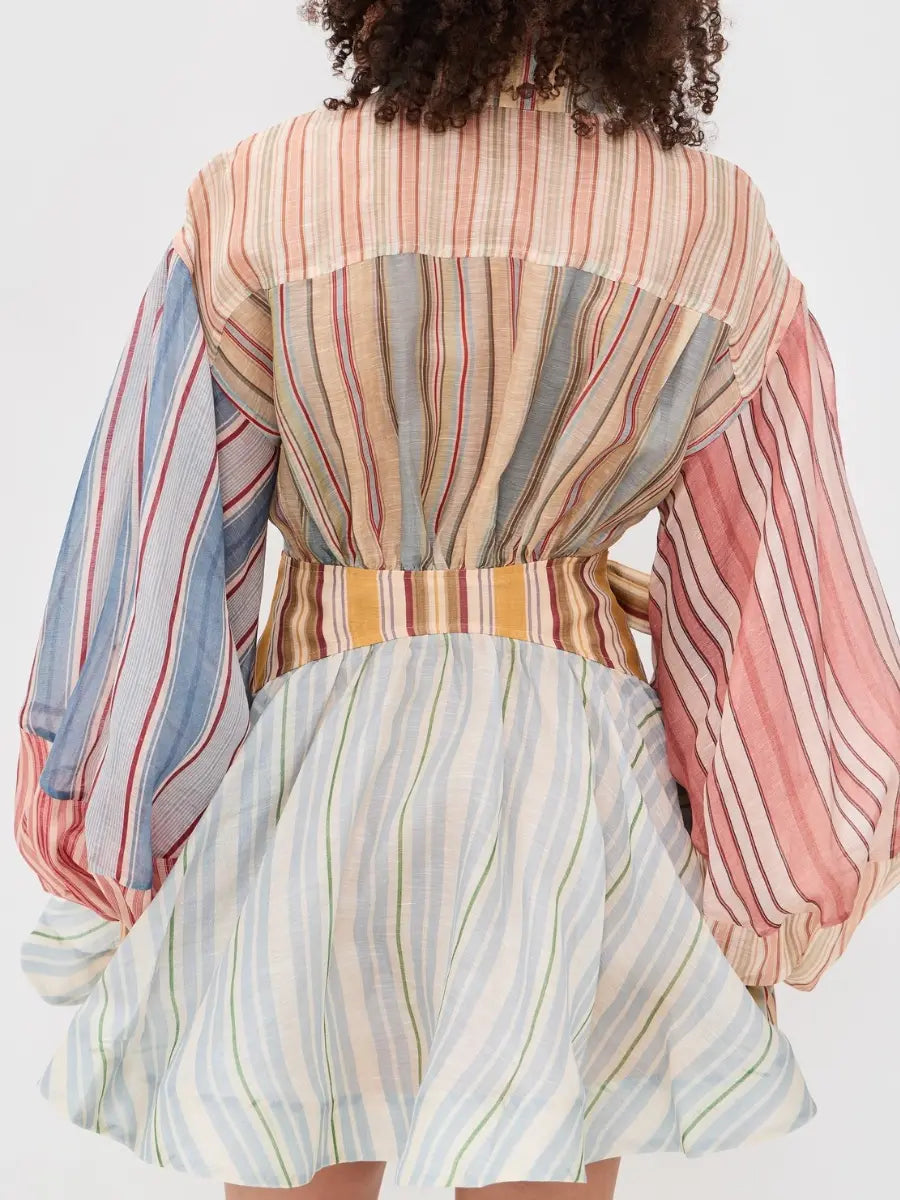 Asymmetric Mixed Stripe Linen Mini Dress - Statement Balloon Sleeve - laseze