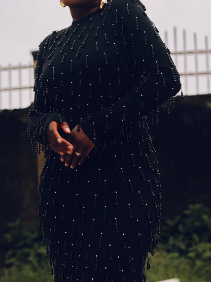 Beaded Fringed Long Sleeve Party Maxi Dress laseze