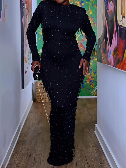 Beaded Fringed Long Sleeve Party Maxi Dress laseze