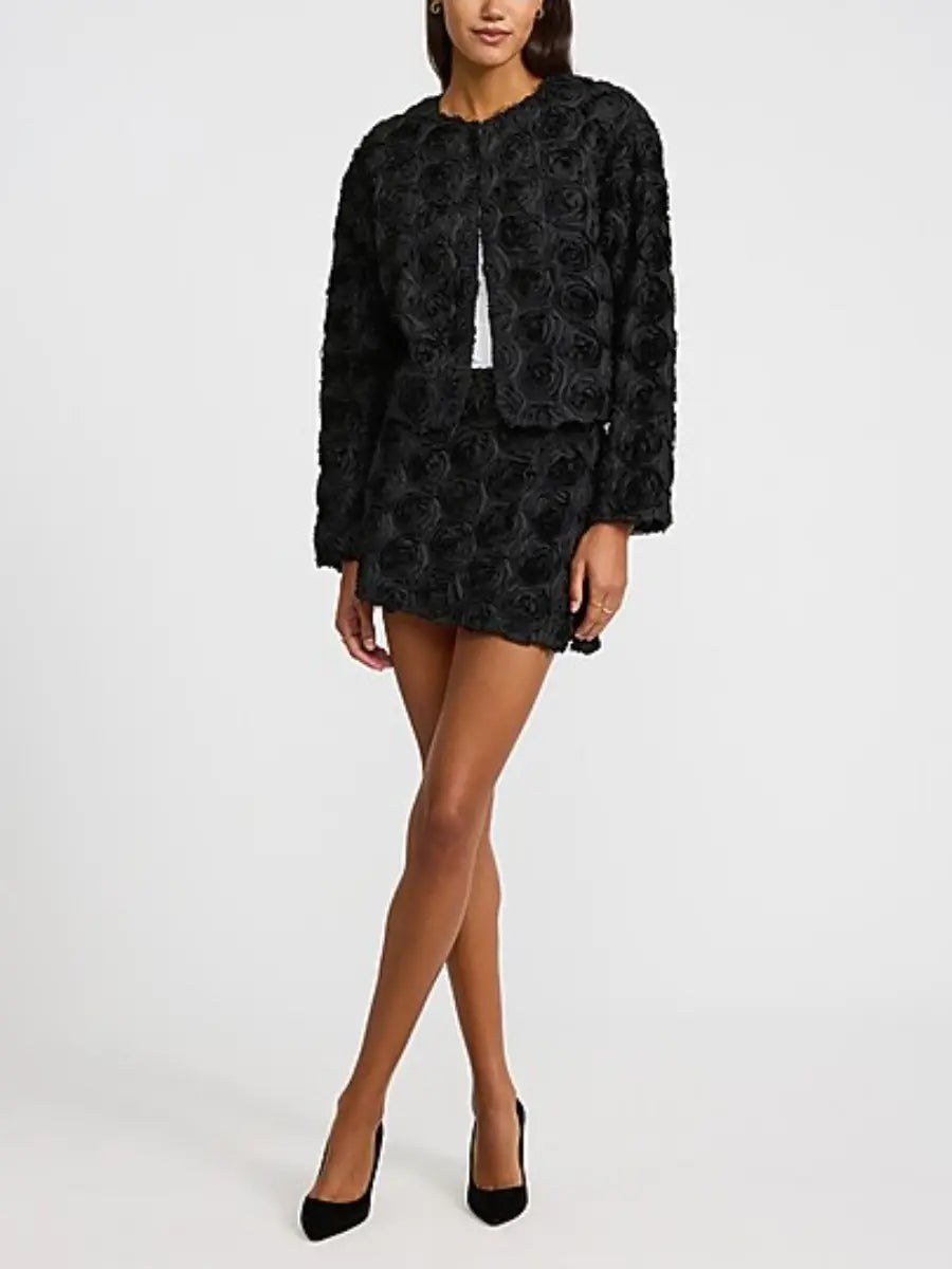 Black 3D Rose Textured Cropped Jacket & Mini Skirt Set laseze