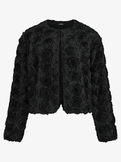 Black 3D Rose Textured Cropped Jacket & Mini Skirt Set laseze