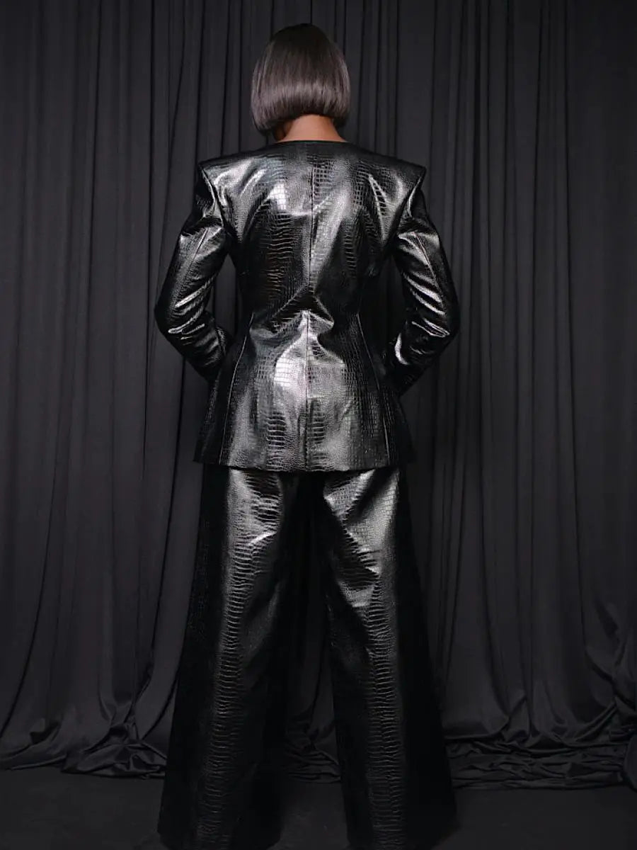 Black Croc-Embossed Faux Leather Power Suit laseze