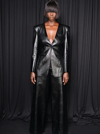 Black Croc-Embossed Faux Leather Power Suit laseze