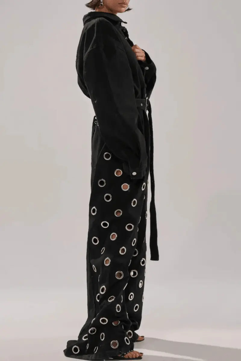 Black Denim Eyelet Wide - Leg Jumpsuit - laseze