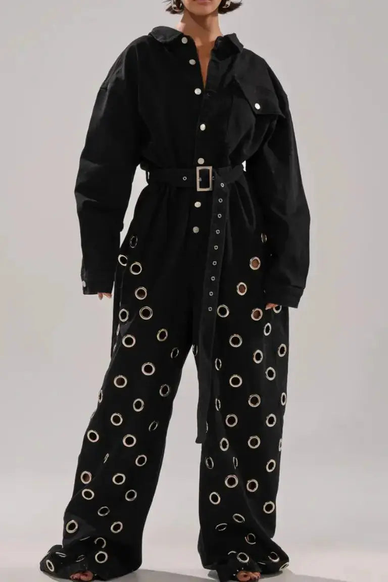 Black Denim Eyelet Wide - Leg Jumpsuit - laseze