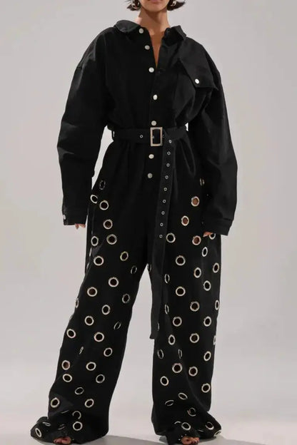 Black Denim Eyelet Wide - Leg Jumpsuit - laseze