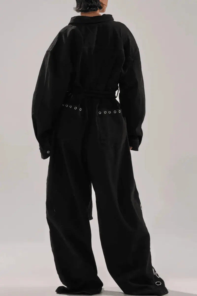 Black Denim Eyelet Wide - Leg Jumpsuit - laseze