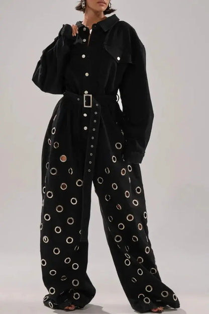 Black Denim Eyelet Wide - Leg Jumpsuit - laseze