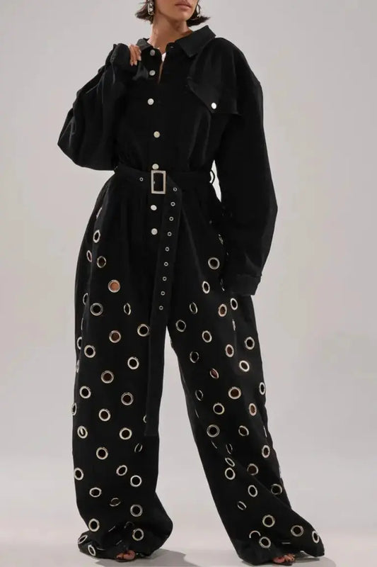 Black Denim Eyelet Wide - Leg Jumpsuit - laseze