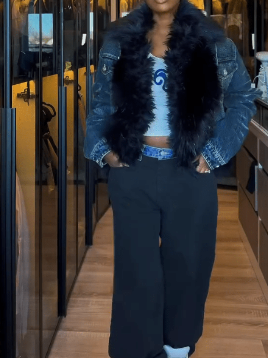 Black Denim-Waist Paneled Wide-Leg Pants laseze