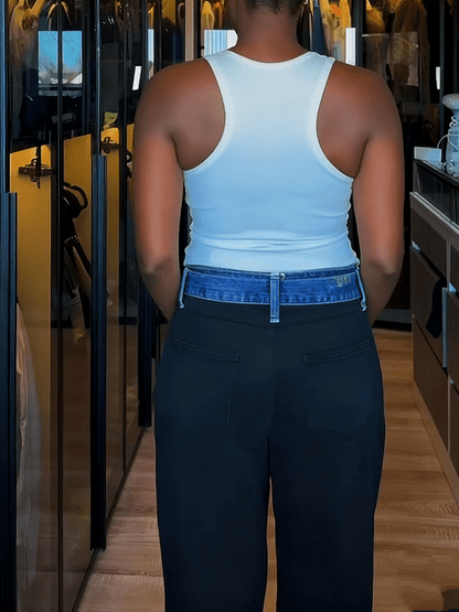 Black Denim-Waist Paneled Wide-Leg Pants laseze