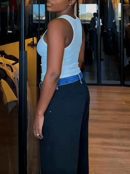 Black Denim-Waist Paneled Wide-Leg Pants laseze