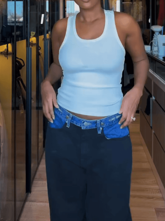 Black Denim-Waist Paneled Wide-Leg Pants laseze