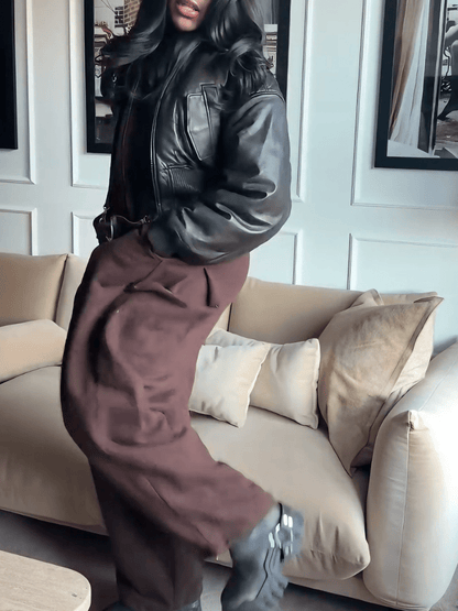 Black Faux Leather Oversized Bomber Jacket laseze