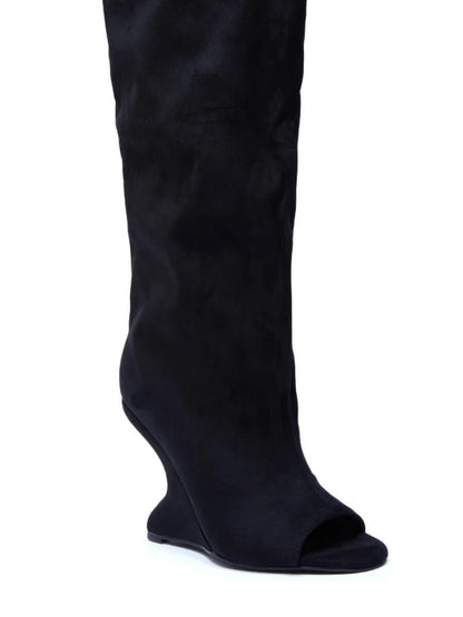 Black Faux Suede Open-Toe Boots laseze
