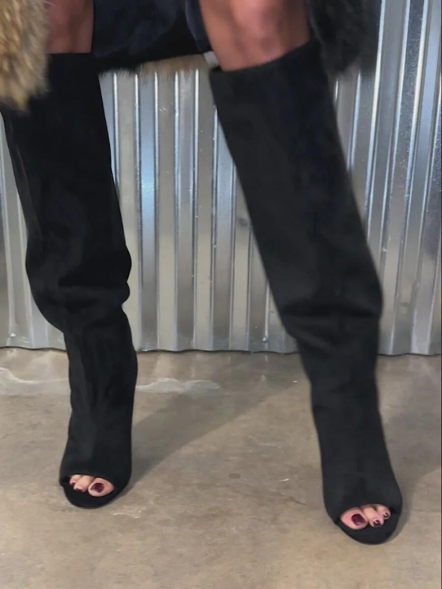 Black Faux Suede Open-Toe Boots laseze
