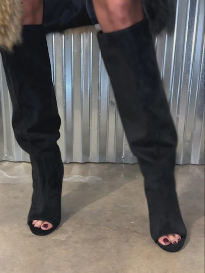 Black Faux Suede Open-Toe Boots laseze