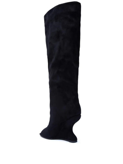 Black Faux Suede Open-Toe Boots laseze