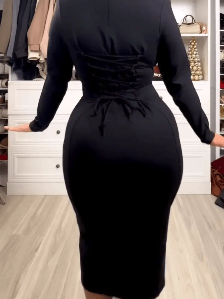 Black Lace-Up Back Midi Dress laseze