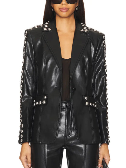 Black Patent Leather Stud-Embellished Blazer laseze