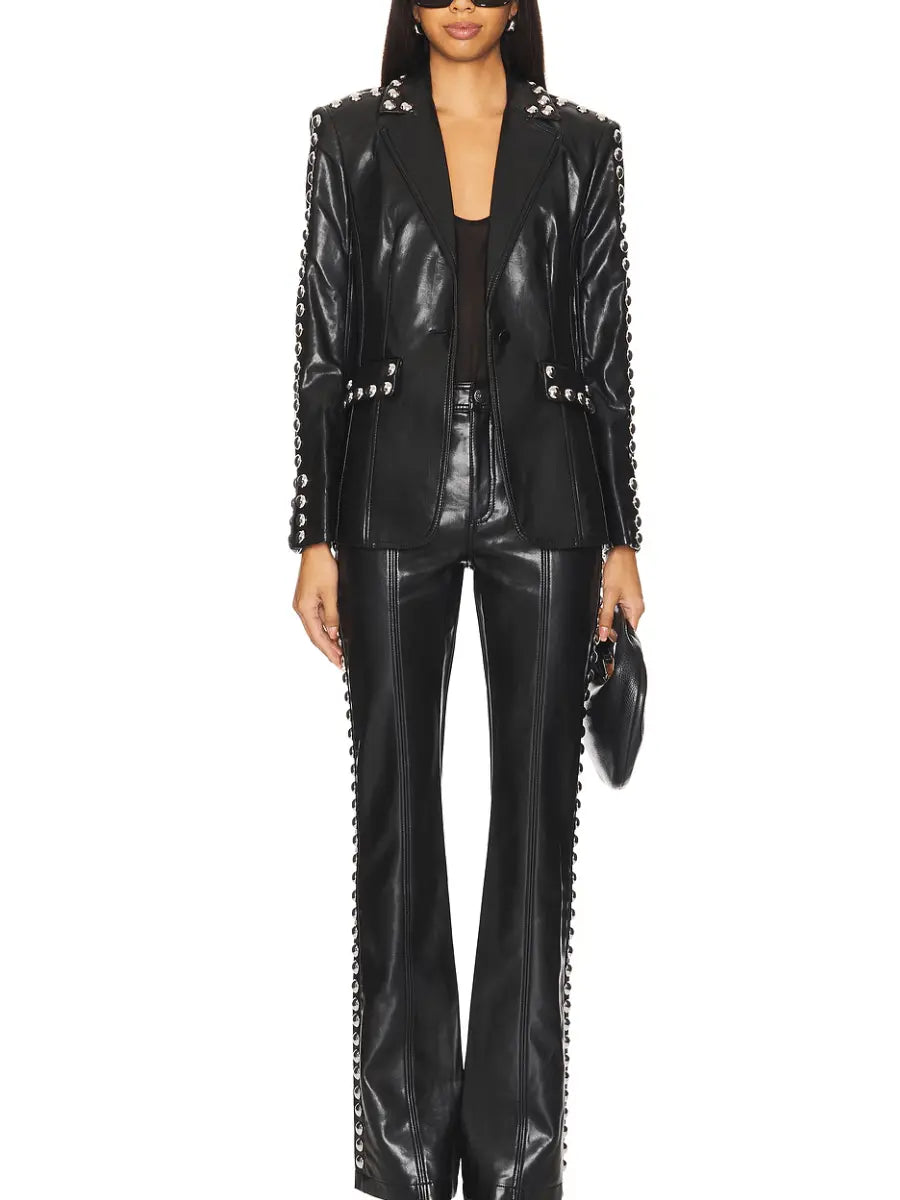 Black Patent Leather Stud-Embellished Blazer laseze