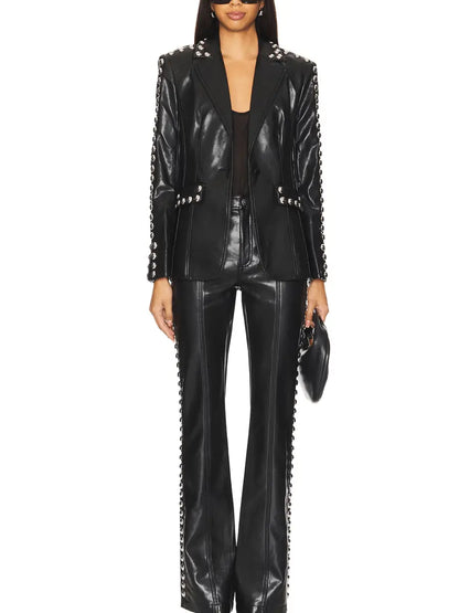 Black Patent Leather Stud-Embellished Blazer laseze