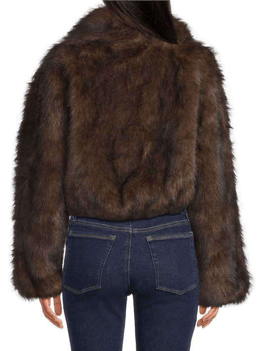 Brown Faux Fur Cropped Bomber Jacket laseze