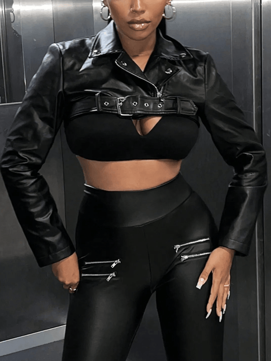 Buckle Detail Crop PU Leather Jacket laseze