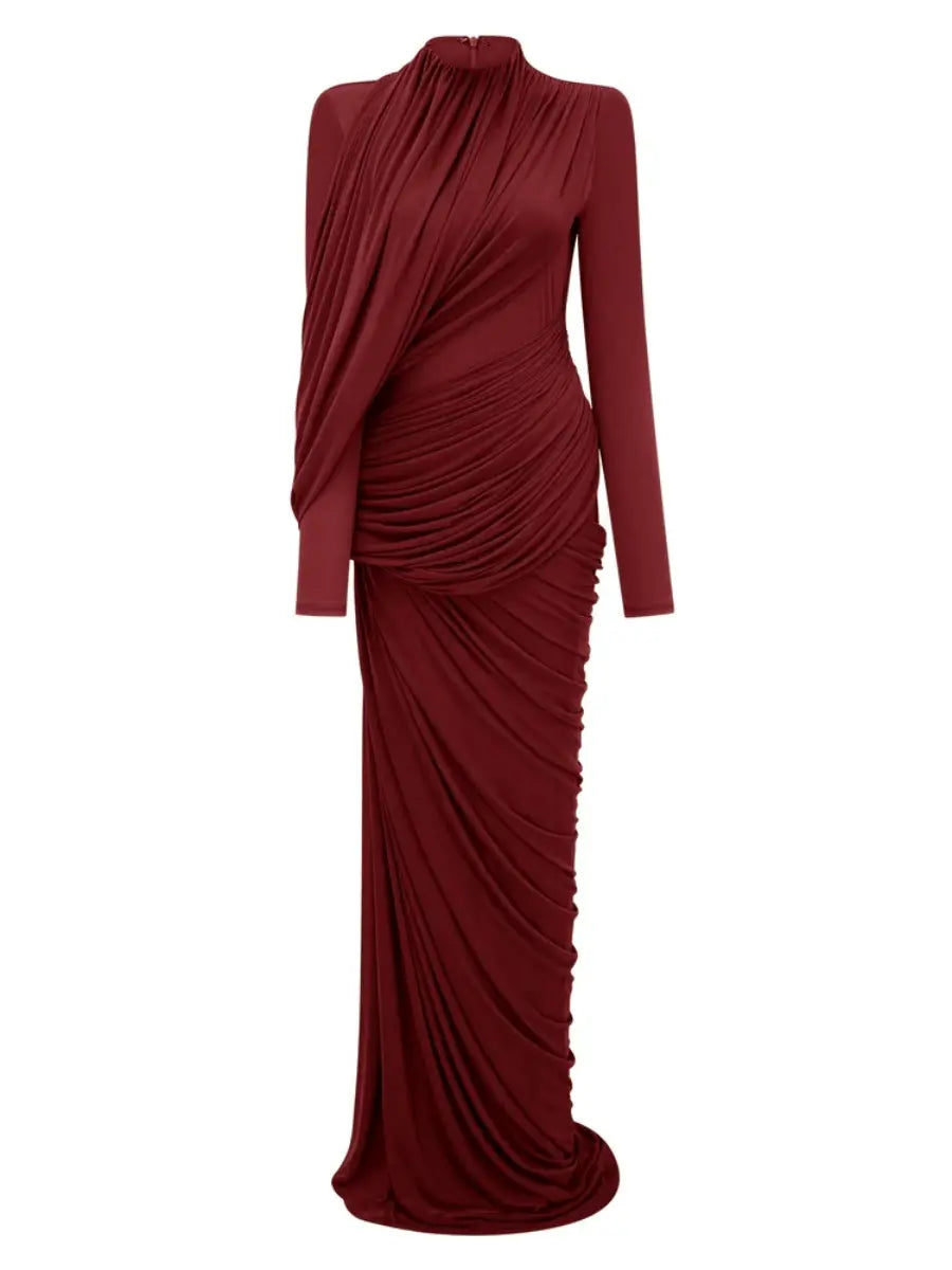 Burgundy Ruched High-Neck Maxi Dress laseze