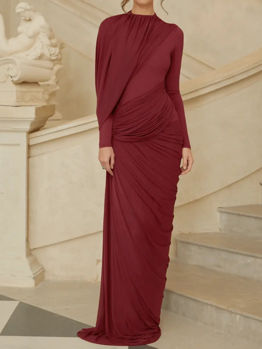 Burgundy Ruched High-Neck Maxi Dress laseze