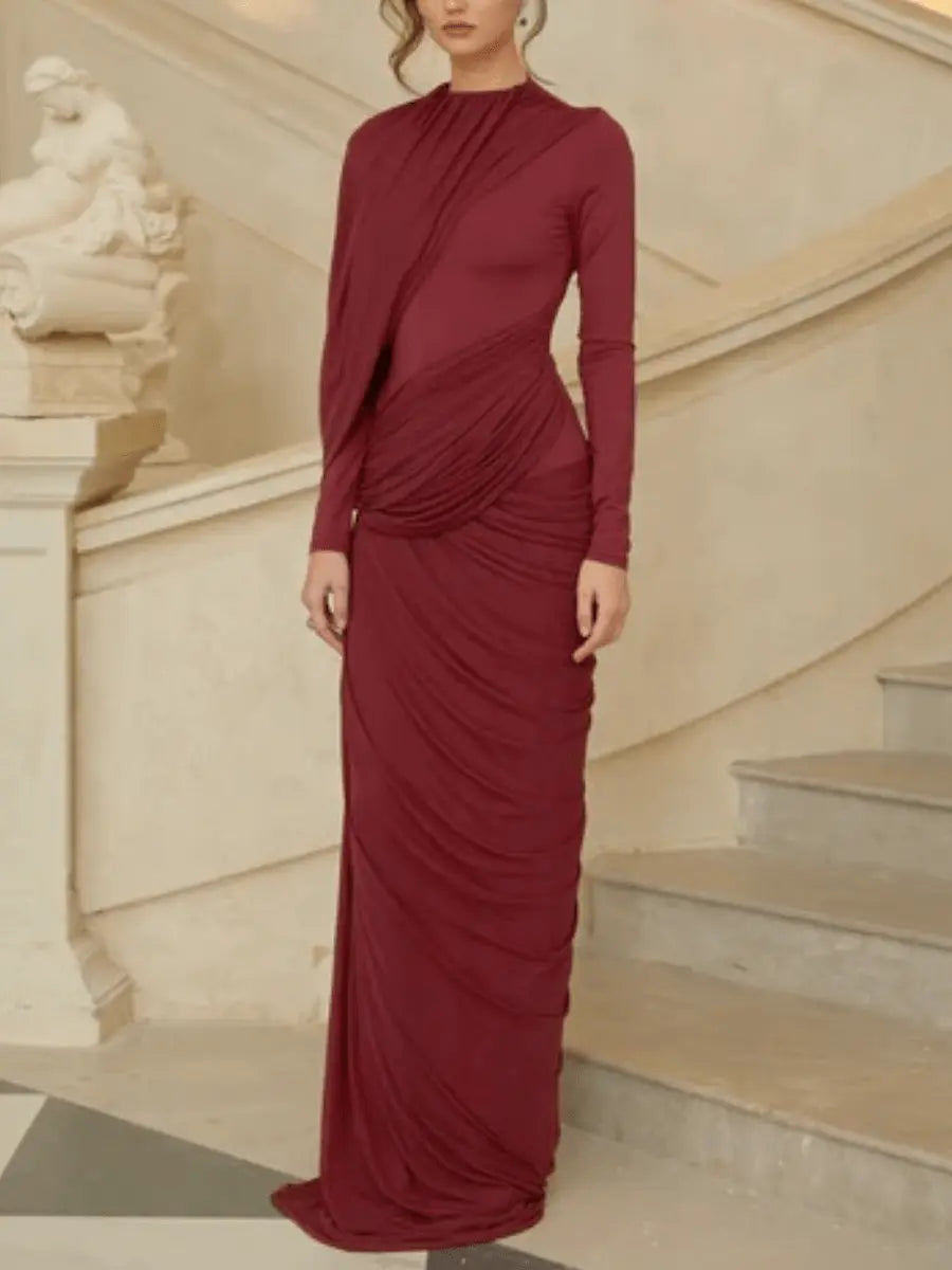 Burgundy Ruched High-Neck Maxi Dress laseze