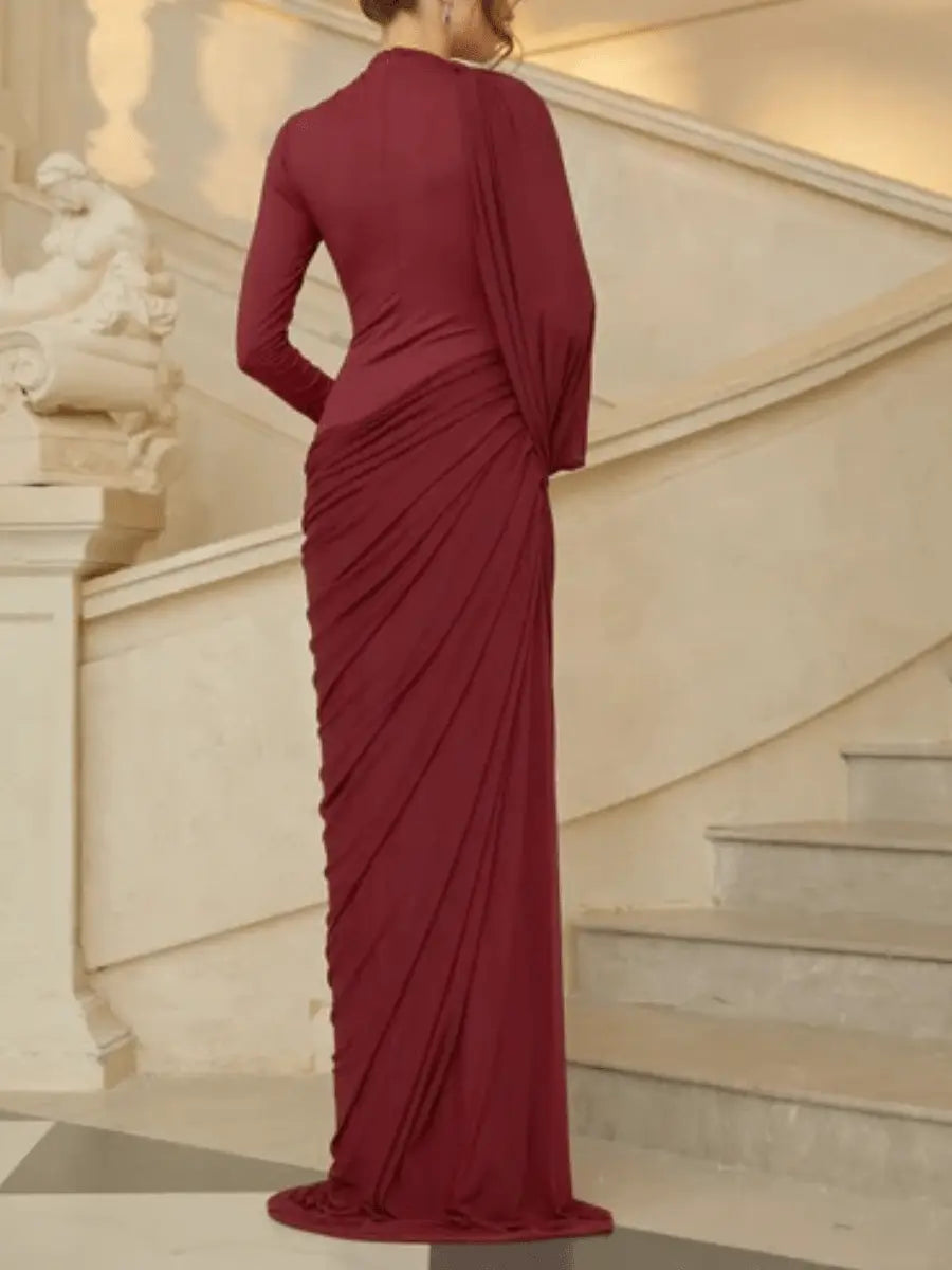 Burgundy Ruched High-Neck Maxi Dress laseze