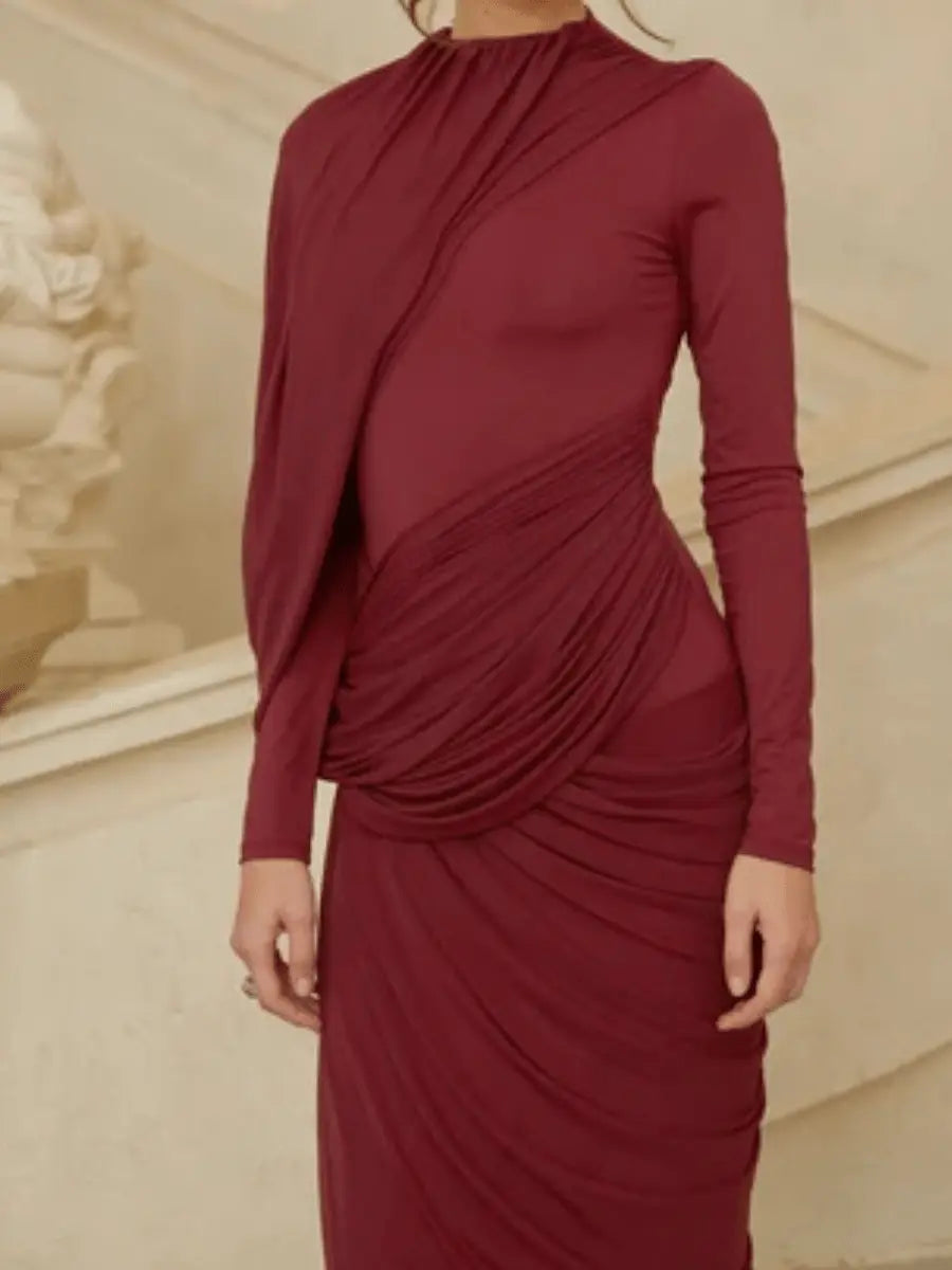 Burgundy Ruched High-Neck Maxi Dress laseze