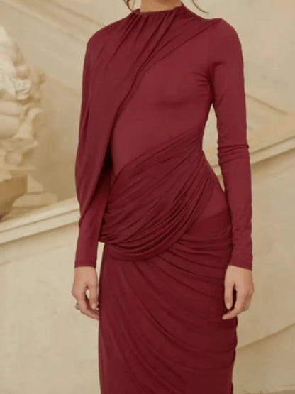 Burgundy Ruched High-Neck Maxi Dress laseze