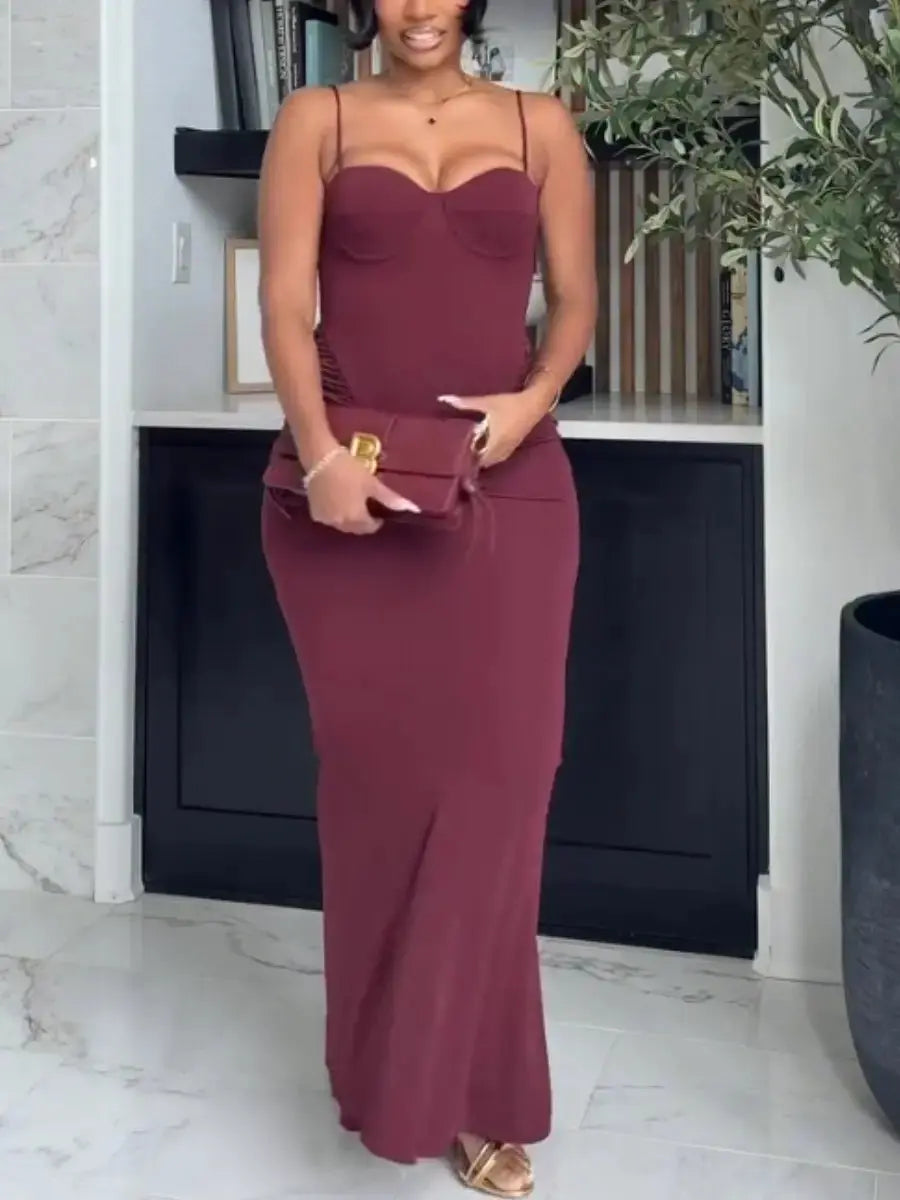 Burgundy Ruched Sleeveless Dress - laseze