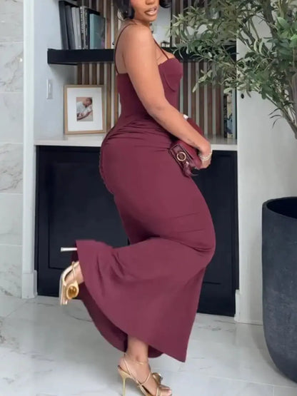 Burgundy Ruched Sleeveless Dress - laseze