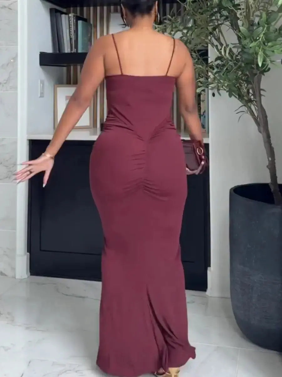 Burgundy Ruched Sleeveless Dress - laseze